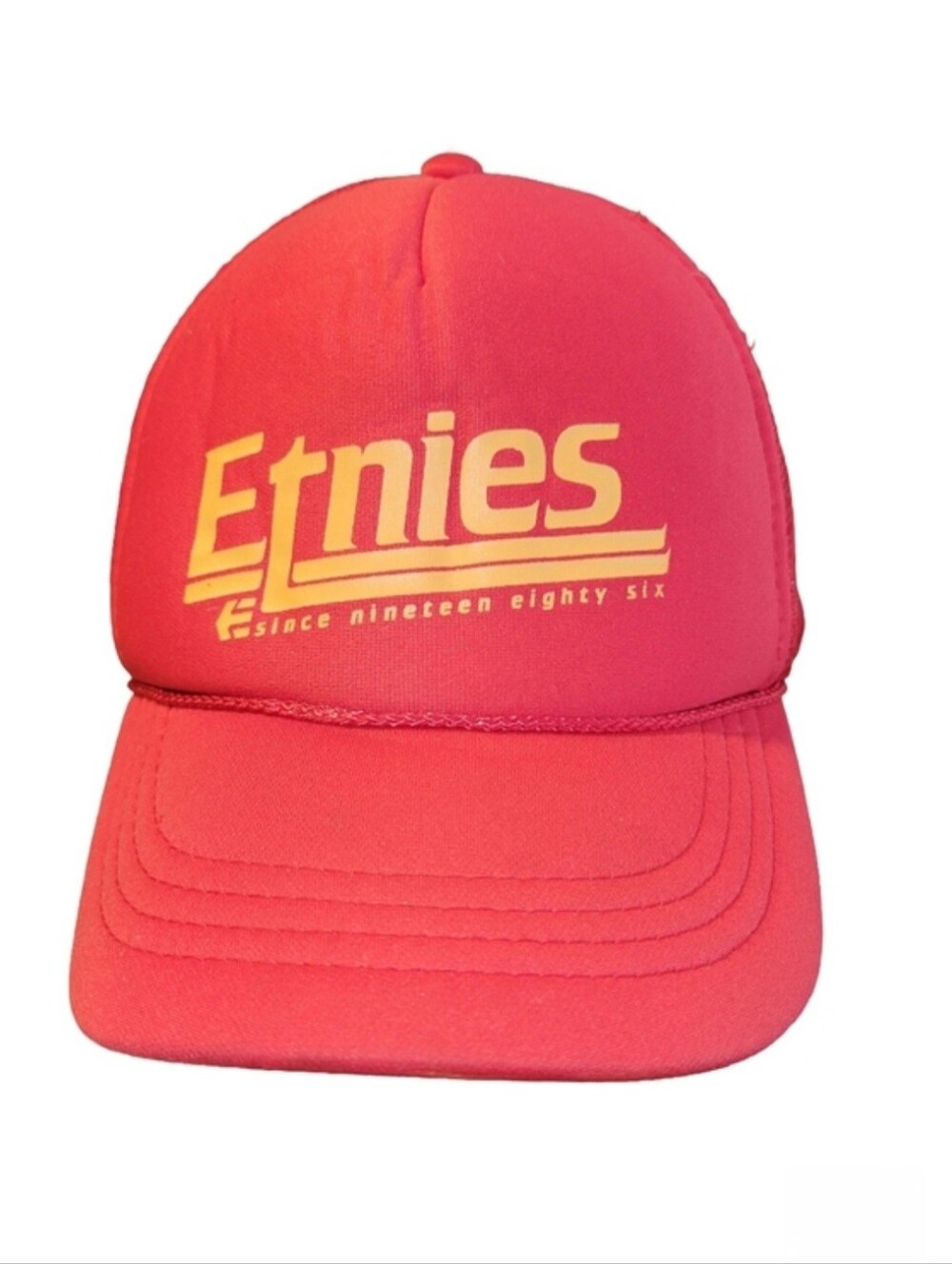 Vintage Y2K " Etnies Since 1986" Red & Yellow Mesh Truckers Hat Youth Skater OS